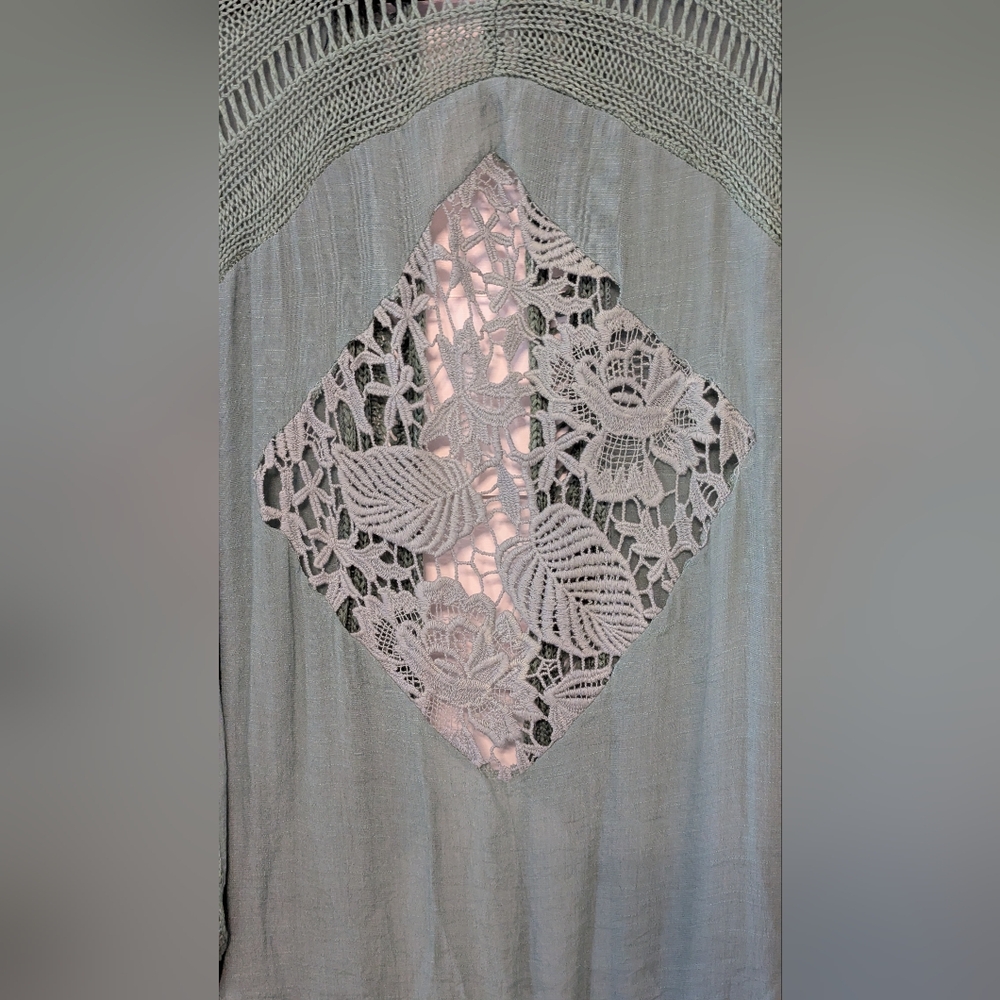 Miracle Teal Boho Crochet Fringe Floral Kimono M/L - Picture 4 of 5